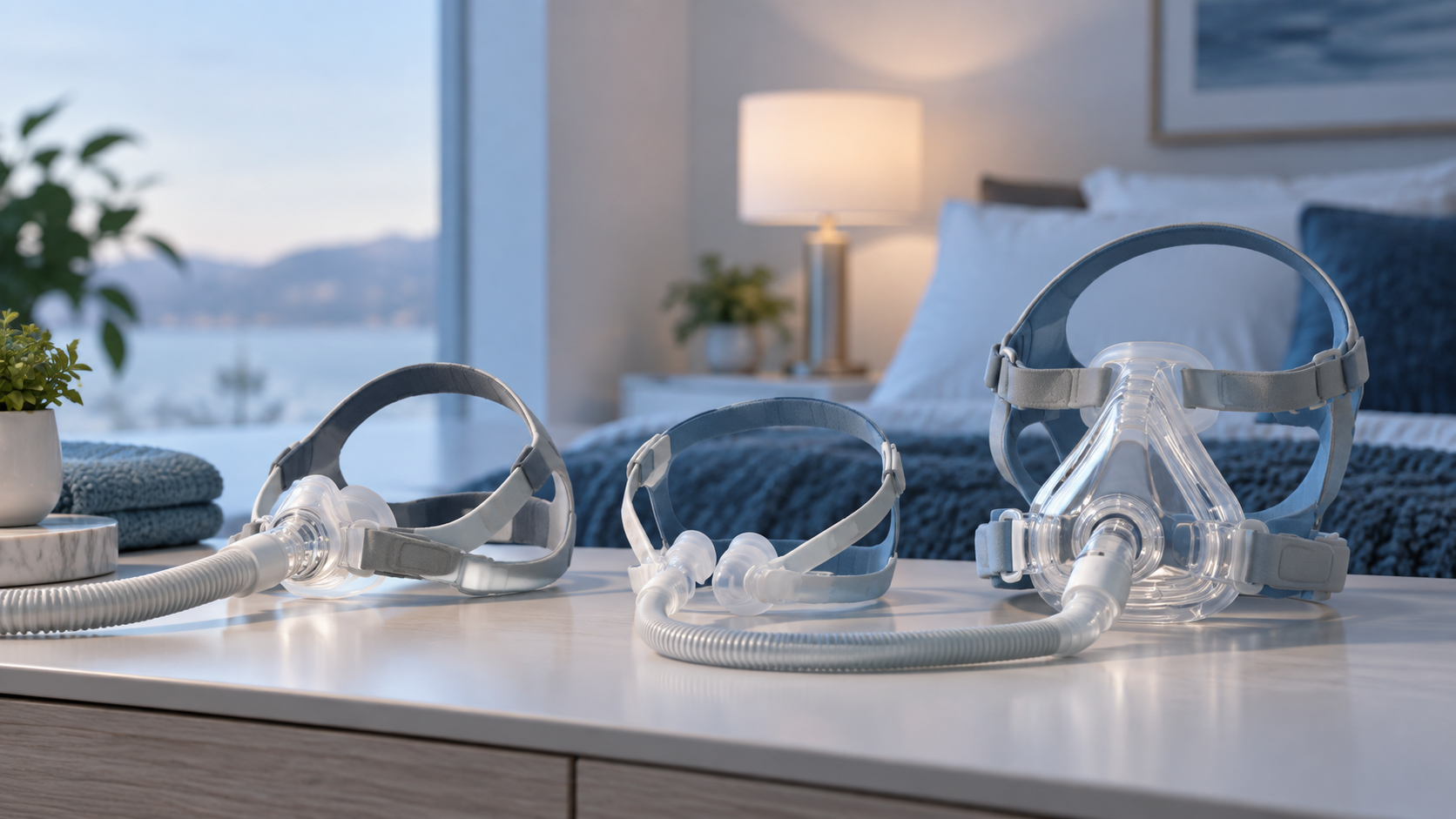 Маски CPAP и BiPAP рядом с современными аппаратами и увлажнителями
