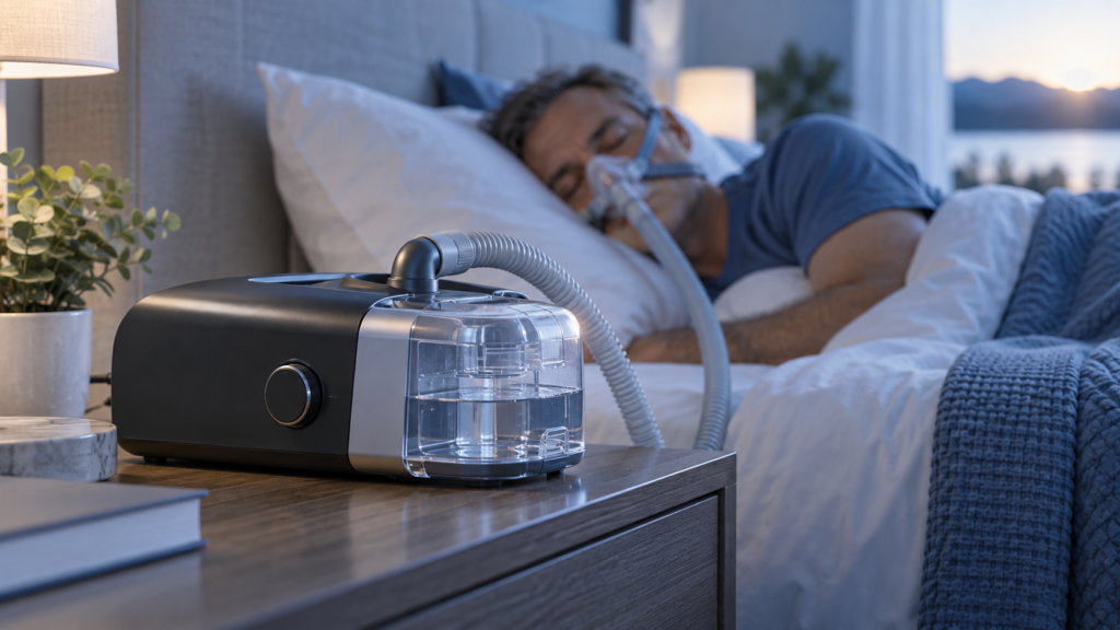 Пациент использует CPAP-терапию с увлажнителем во время сна