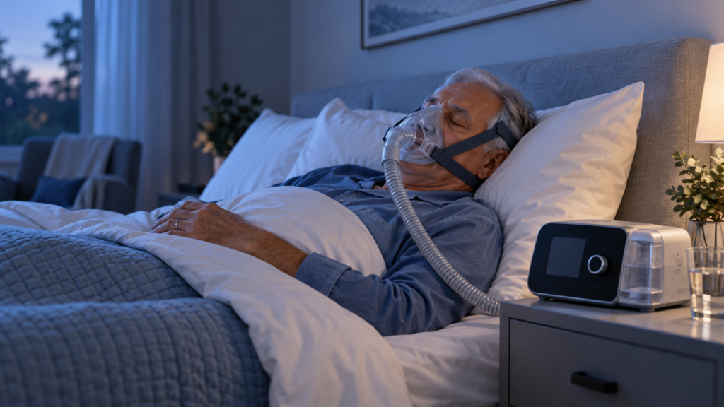 Пациент спокойно спит с современной CPAP-маской и аппаратом