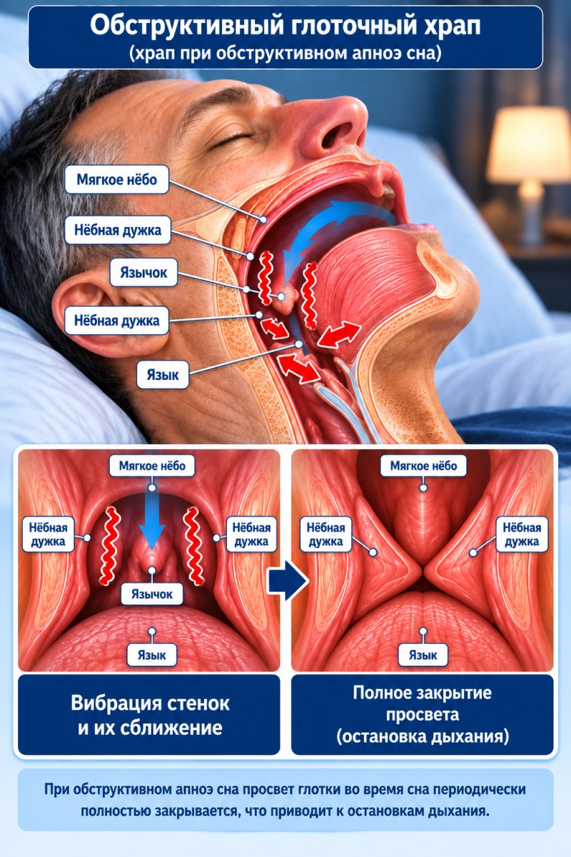 Анатомическая схема обструктивного глоточного храпа